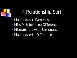 4 Relationship Sort  Matchers see Sameness  Miss Matchers see Difference Mismatchers with Sameness  Matchers with Difference  
