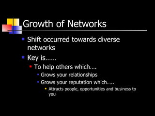 Growth of Networks Shift occurred towards diverse networks Key is…… To help others which…. Grows your relationships Grows your reputation which….. Attracts people, opportunities and business to you 