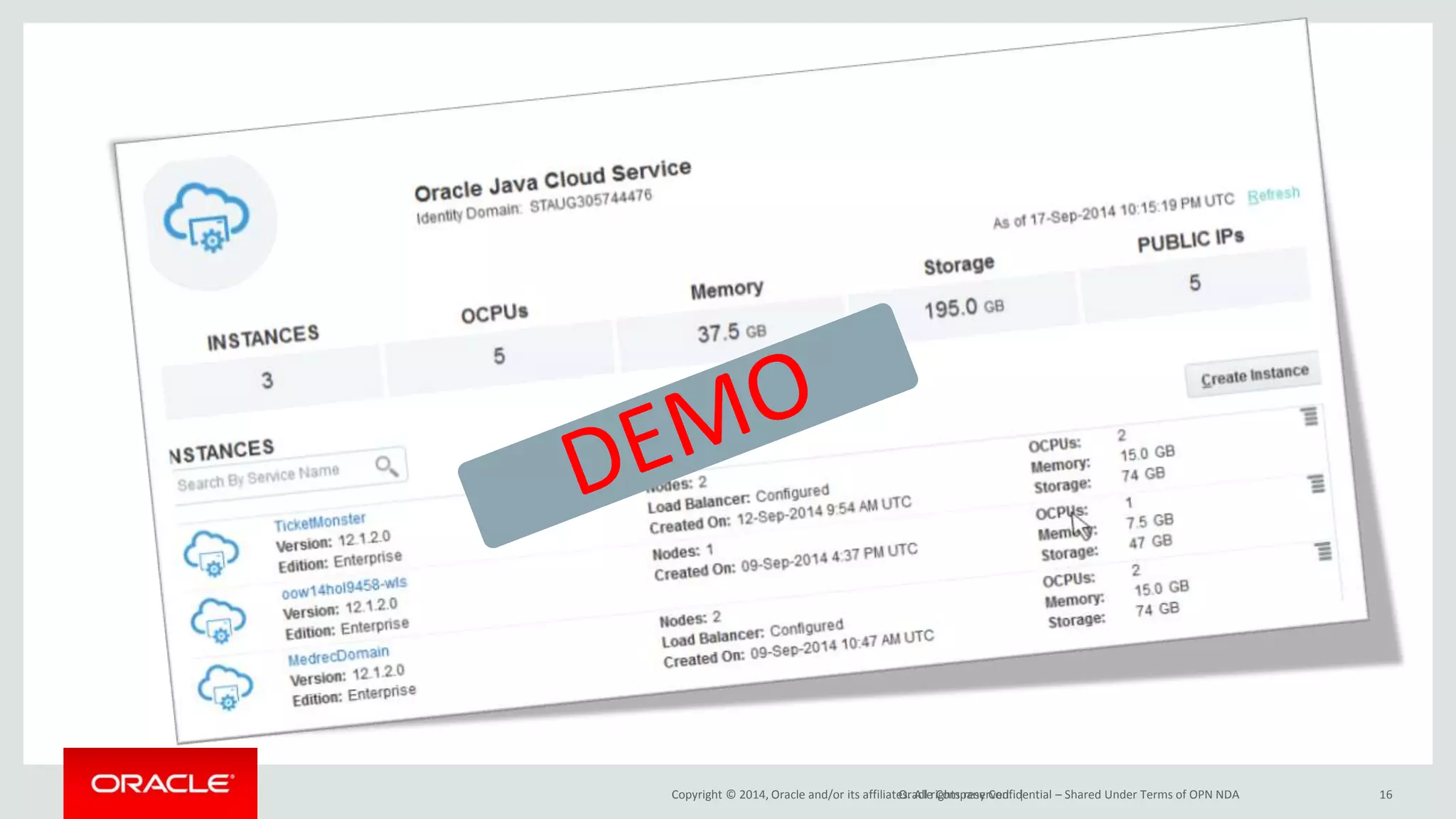 Copyright © 2014, Oracle and/or its affiliates. All Oracle r iCgohmtsp raensey rCvoendf. i d|ential – Shared Under Terms of OPN NDA 16 
 
