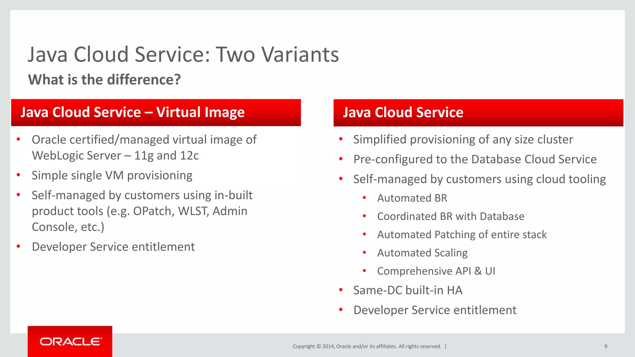 Java Cloud Service: Two Variants 
Java Cloud Service 
Copyright © 2014, Oracle and/or its affiliates. All rights reserved. | 9 
What is the difference? 
Java Cloud Service – Virtual Image 
• Oracle certified/managed virtual image of 
WebLogic Server – 11g and 12c 
• Simple single VM provisioning 
• Self-managed by customers using in-built 
product tools (e.g. OPatch, WLST, Admin 
Console, etc.) 
• Developer Service entitlement 
• Simplified provisioning of any size cluster 
• Pre-configured to the Database Cloud Service 
• Self-managed by customers using cloud tooling 
• Automated BR 
• Coordinated BR with Database 
• Automated Patching of entire stack 
• Automated Scaling 
• Comprehensive API & UI 
• Same-DC built-in HA 
• Developer Service entitlement 
 