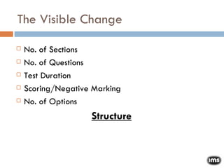 The Visible Change No. of Sections No. of Questions Test Duration Scoring/Negative Marking No. of Options Structure 