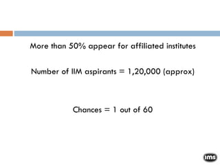 More than 50% appear for affiliated institutes Number of IIM aspirants = 1,20,000 (approx)‏ Chances = 1 out of 60 