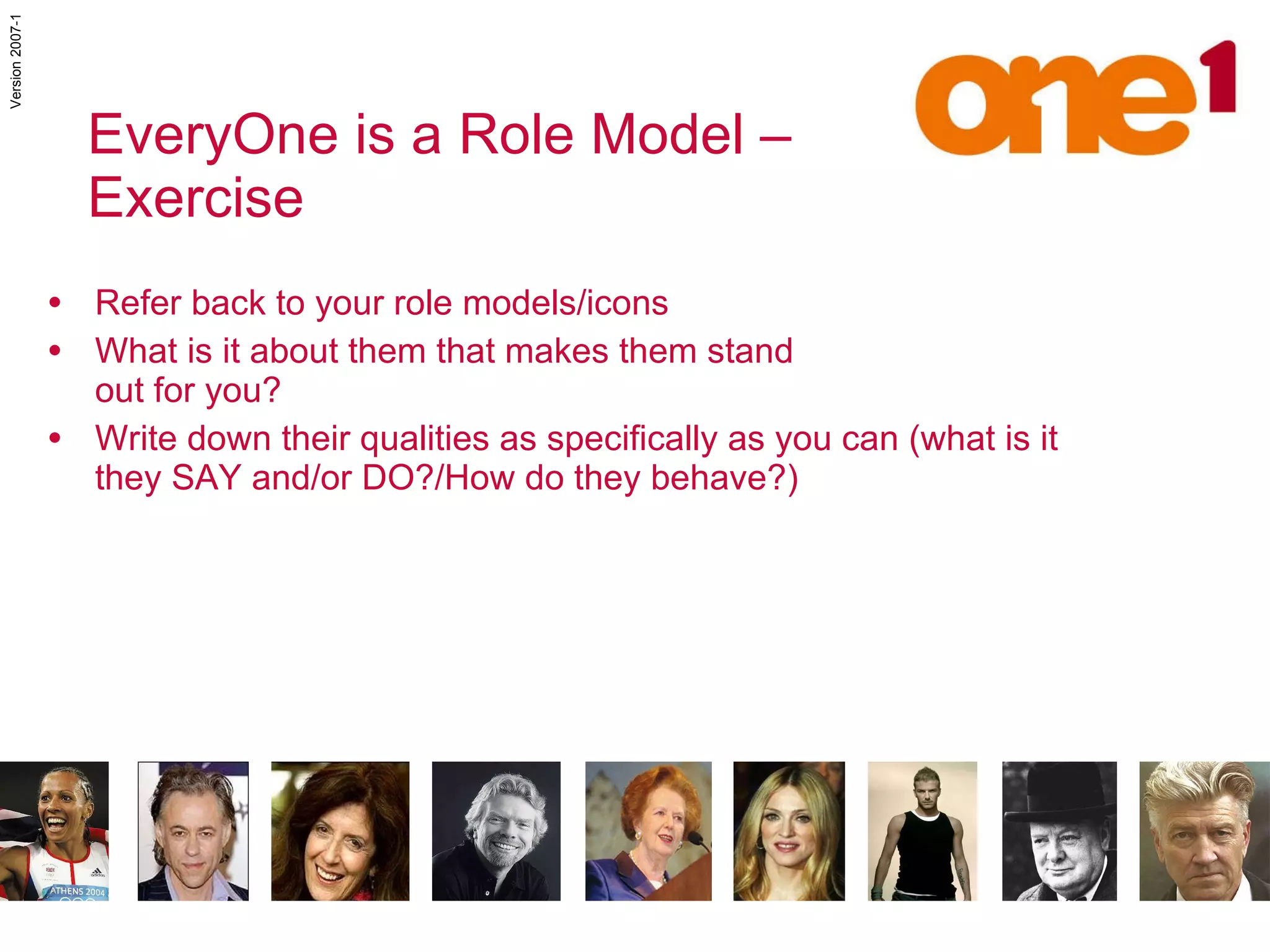 Refer back to your role models/icons What is it about them that makes them stand  out for you? Write down their qualities as specifically as you can (what is it they SAY and/or DO?/How do they behave?) EveryOne is a Role Model –  Exercise 