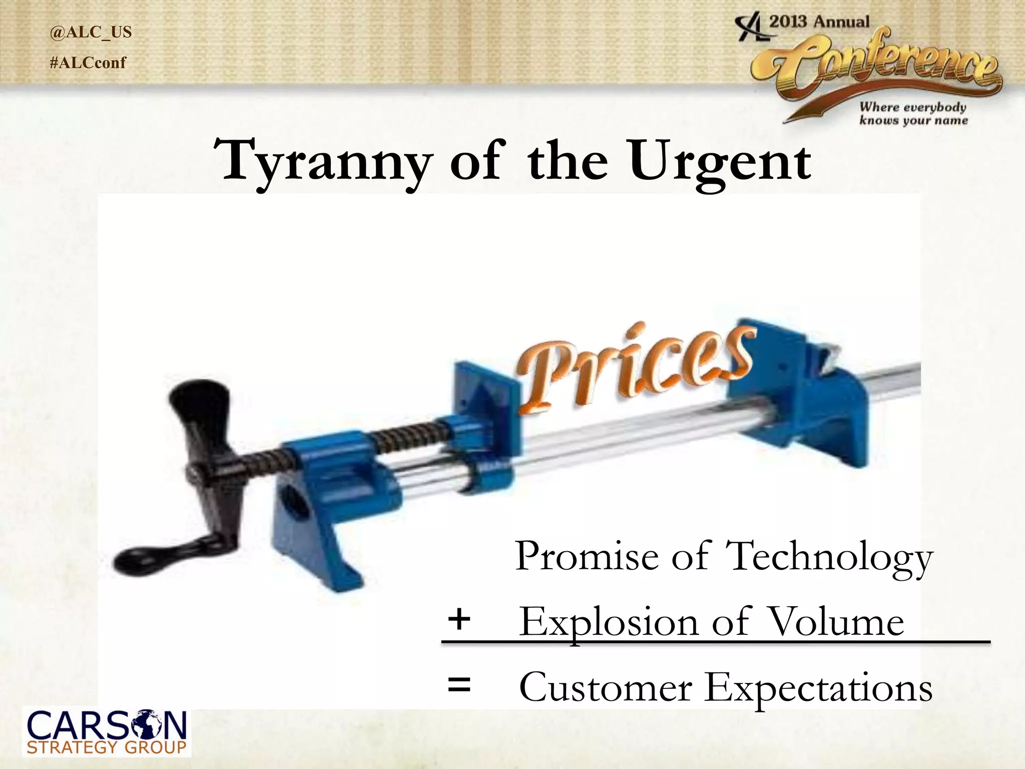 @ALC_US
#ALCconf
Tyranny of the Urgent
Promise of Technology
+ Explosion of Volume
= Customer Expectations
 