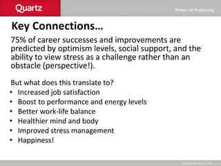 Power of Positivity
Key Connections…
75% of career successes and improvements are
predicted by optimism levels, social support, and the
ability to view stress as a challenge rather than an
obstacle (perspective!).
But what does this translate to?
• Increased job satisfaction
• Boost to performance and energy levels
• Better work-life balance
• Healthier mind and body
• Improved stress management
• Happiness!
 