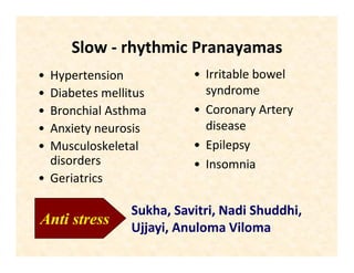Slow - rhythmic Pranayamas
• Hypertension
• Diabetes mellitus
• Bronchial Asthma
• Anxiety neurosis
• Musculoskeletal
disorders
• Geriatrics
• Irritable bowel
syndrome
• Coronary Artery
disease
• Epilepsy
• Insomnia
Sukha, Savitri, Nadi Shuddhi,
Ujjayi, Anuloma Viloma
Anti stress
 