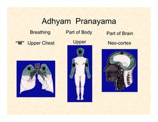 Adhyam Pranayama
“M”
Breathing Part of Body Part of Brain
Upper Chest Upper Neo-cortex
 