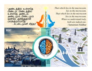 “அ ட தி உ ளேத
ப ட ; ப ட தி
உ ளேத அ ட ;
அ ட ப ட
ஒ ேற அறி தா
பா ேபாேத”
- ச ைட ன சி த
That which lies in the macrocosm,
lies in the microcosm.
That which lies in the microcosm
lies in the macrocosm.
When we understand truly,
both are indeed one.
- Sattaimuni Siddhar
 