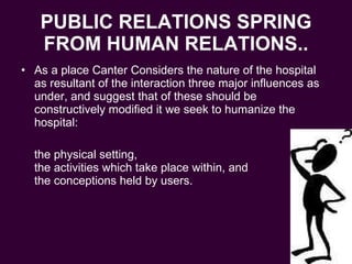 PUBLIC RELATIONS SPRING FROM HUMAN RELATIONS.. As a place Canter Considers the nature of the hospital as resultant of the interaction three major influences as under, and suggest that of these should be constructively modified it we seek to humanize the hospital: the physical setting, the activities which take place within, and the conceptions held by users. 
