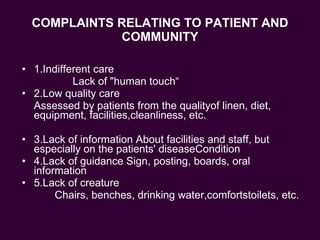 COMPLAINTS RELATING TO PATIENT AND COMMUNITY 1.Indifferent care Lack of "human touch“ 2.Low quality care  Assessed by patients from the qualityof linen, diet, equipment, facilities,cleanliness, etc. 3.Lack of information About facilities and staff, but especially on the patients' diseaseCondition 4.Lack of guidance Sign, posting, boards, oral information 5.Lack of creature  Chairs, benches, drinking water,comfortstoilets, etc. 