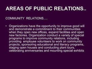 AREAS OF PUBLIC RELATIONS.. COMMUNITY  RELATIONS…. Organizations have the opportunity to improve good will and demonstrate a commitment to their communities when they open new offices, expand facilities and open new factories. Organization conduct a variety of special programs to improve community relations, including providing  employee volunteers to work on community projects, sponsoring educational and literacy programs, staging open houses and conducting plant tours, celebrating anniversaries and mounting special exhibits 