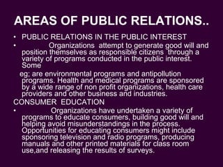 AREAS OF PUBLIC RELATIONS.. PUBLIC RELATIONS IN THE PUBLIC INTEREST Organizations  attempt to generate good will and position themselves as responsible citizens  through a variety of programs conducted in the public interest. Some  eg; are environmental programs and antipollution programs. Health and medical programs are sponsored by a wide range of non profit organizations, health care providers and other business and industries. CONSUMER  EDUCATION Organizations have undertaken a variety of programs to educate consumers, building good will and helping avoid misunderstandings in the process. Opportunities for educating consumers might include sponsoring television and radio programs, producing manuals and other printed materials for class room use,and releasing the results of surveys. 