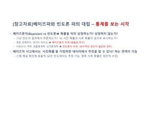 [참고자료]베이즈파와 빈도론 파의 대립 – 통계를 보는 시각
• 베이즈론자(Bayesian) vs 빈도론 확률을 미리 상정하는가? 상정하지 않는가?
– 그냥 빈도의 결과에서 추론하는가? Vs 사전 확률과 사후 확률의 곱으로 표시하는가?
– 계량 경제학자, 데이터 마이닝  베이즈론이 우세 (효율성 추구)
– 사회조사, 역학, 생물통계학, 심리통계학  빈도론이 우세 (보수적인 판단이 필요한 경우)
• 베이즈적 사고에서는 ‘사전확률’을 가정하면 데이터에서 무엇을 알 수 있나? 하는 연역이 가능
– 스팸 메일 확인에 효율적 (낮은 빈도에서도 추정 가능. 향후 사후 확률은 점진적 수정)
 