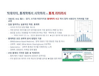 빅데이터, 통계학에서 시작하라 – 통계 리터러시
• 1903년, H.G. 웰스 – 읽기, 쓰기와 마찬가지로 통계학적 사고 역시 장차 사회인이 가져야할 기본
교양
• 답을 알려주는 실용적인 학문, 통계학
– 사다리 타기의 당첨 확률 테스트
– 어떤 분야든 데이터를 모아 분석함으로써 가장 올바르고 빠른 답 제시
– 원인을 모르는 전염병을 막기위해 연구하는 학문 ‘역학’에 큰 기여함
 ‘역학의 아버지’ 존 스노 : 런던의 콜레라에 대한 조사  급수 펌프에 따른 발병 빈도 조사
• 통계학은 모든 과학적 분석 방법의 기본
– EBM(Evidence Based Medicine) : 현대 의료의 가장 중요한 개념 중 하나
– 교육학 : WWC (What Works Clearinghouse) 프로젝트
– Sabermetrics : 과학적 통계로 야구를 이해하려는 노력
– 경제학, 경영관리, 마케팅 등에 활용
• IT와 통계의 기막힌 결혼  빅데이터
– 통계 해석 기법은 1960년대 모양새가 갖추어짐
– IT의 발전으로 데이터 수와 계산의 한계를 넘어섬  활용 범위 확대
 