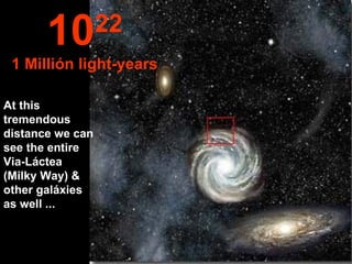 At this tremendous distance we can see the entire Via-Láctea (Milky Way) & other galáxies as well ... 10 22 1 Millión light-years 