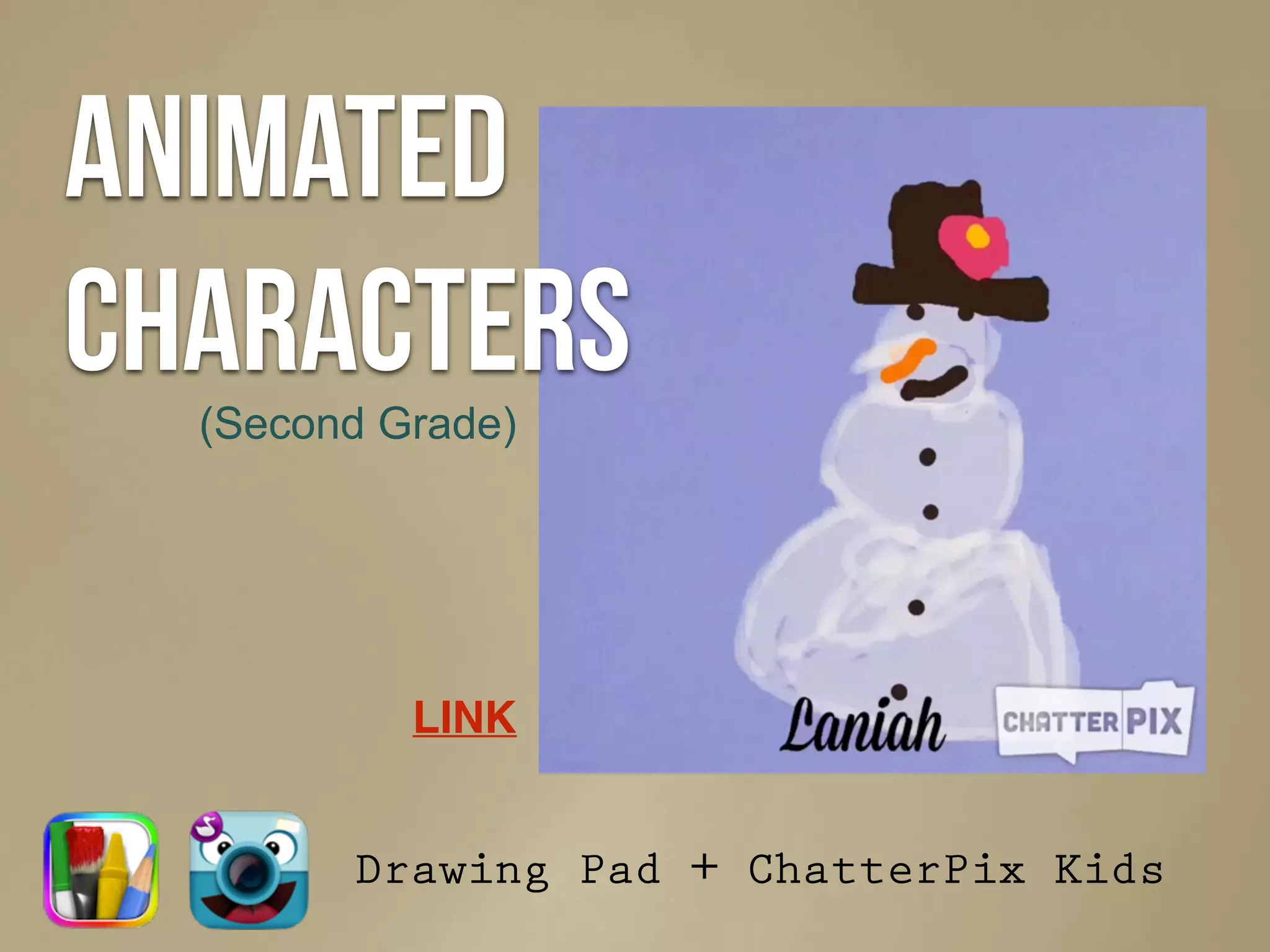 Drawing Pad + ChatterPix Kids
Animated
characters
LINK
(Second Grade)
 