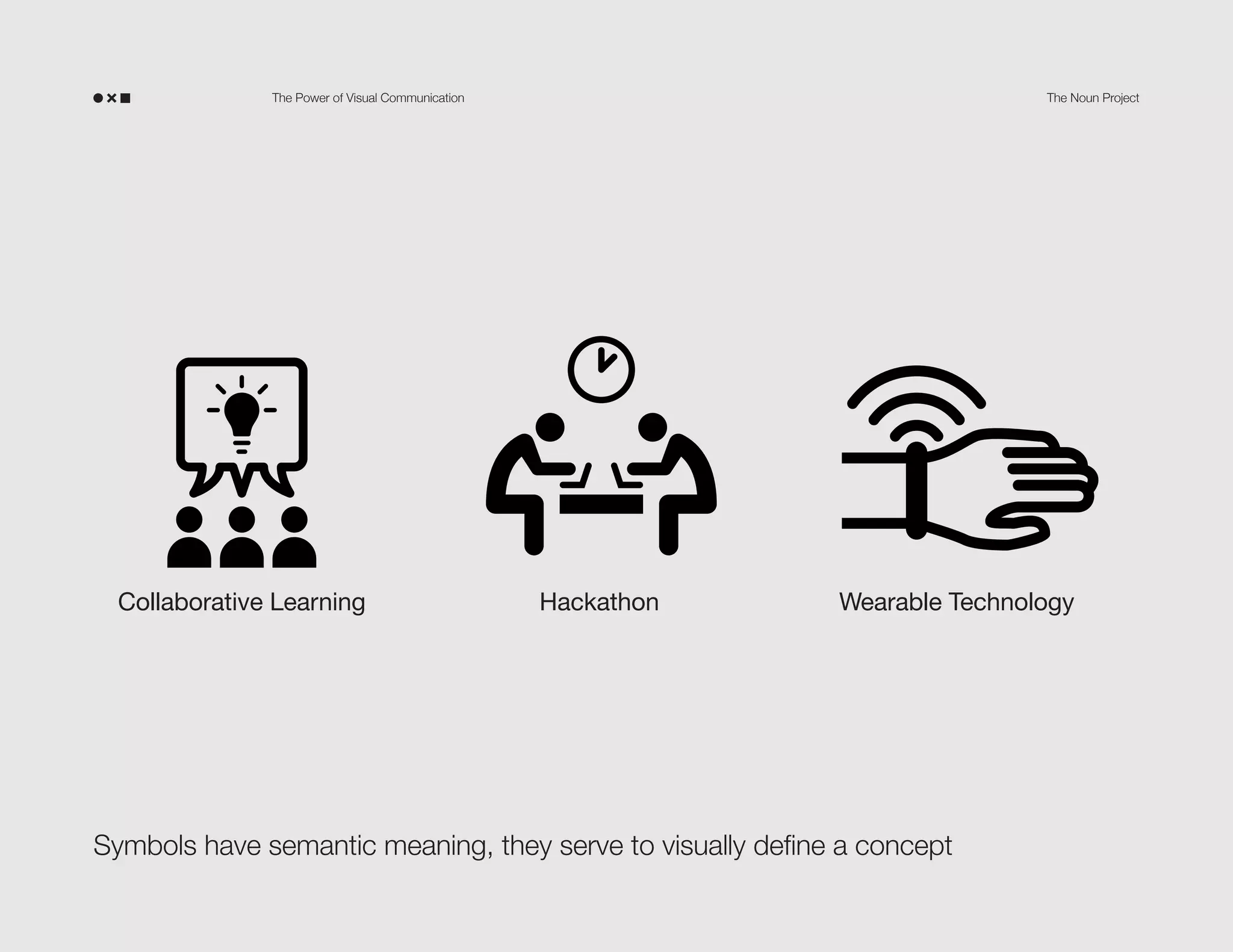 The Power of Visual Communication

Collaborative Learning

The Noun Project

Hackathon

Wearable Technology

Symbols have semantic meaning, they serve to visually define a concept

 