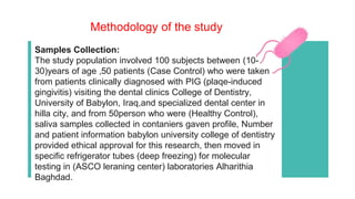 Methodology of the study
Samples Collection:
The study population involved 100 subjects between (10-
30)years of age ,50 patients (Case Control) who were taken
from patients clinically diagnosed with PIG (plaqe-induced
gingivitis) visiting the dental clinics College of Dentistry,
University of Babylon, Iraq,and specialized dental center in
hilla city, and from 50person who were (Healthy Control),
saliva samples collected in contaniers gaven profile, Number
and patient information babylon university college of dentistry
provided ethical approval for this research, then moved in
specific refrigerator tubes (deep freezing) for molecular
testing in (ASCO leraning center) laboratories Alharithia
Baghdad.
 