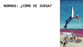 NORMAS: ¿CÓMO SE JUEGA?
Las reglas del baloncesto en silla de ruedas
son prácticamente las mismas que las de la
modalidad de a pie: la cancha tiene las
mismas medidas, las canastas están a igual
altura y el sistema de puntuación es idéntico:
dos tantos para las canastas logradas durante
el juego, uno por cada tiro libre anotado y tres
para los balones encestados desde más de
6,75 metros de distancia. La única diferencia
consiste en que los jugadores deben botar o
pasar la pelota después de empujar la silla
dos veces.
 