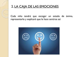 2. LA CAJA DE LAS EMOCIONES
Cada niño tendrá que escoger un estado de ánimo,
representarlo y explicará que le hace sentirse así
 