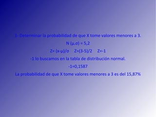 1‐ Determinar la probabilidad de que X tome valores menores a 3.
N (µ.σ) = 5,2
Z= (x‐µ)/σ Z=(3‐5)/2 Z=‐1
‐1 lo buscamos en la tabla de distribución normal.
‐1=0,1587
La probabilidad de que X tome valores menores a 3 es del 15,87%
 