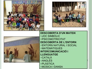DESCOBERTA D’UN MATEIX
oJOC SIMBÒLIC
oPSICOMOTRICITAT
DESCOBERTA DE L’ENTORN
oENTORN NATURAL I SOCIAL
oMATEMÀTIQUES
INTERCOMUNICACIÓ I
LLENGUATGE
oCATALÀ
oANGLÈS
oPLÀSTICA
oMÚSICA I DANSA
 