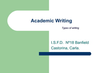 Academic Writing
I.S.F.D. Nº18 Banfield
Castorina, Carla.
Types of writingTypes of writing
 