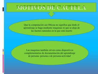 Que la computación sea Obicua no significa que dodo el
aprendizaje se haga mediante maquinas ni que se aleje de
las fuentes naturales en la que está inserto
Las maquinas también sirven como dispositivos
complementarios de documentación del aprendizaje
de persona- persona o de persona-actividad.