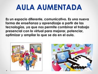 AULA AUMENTADA
Es un espacio diferente, comunicativo. Es una nueva
forma de enseñanza y aprendizaje a partir de las
tecnologías, ya que nos permite combinar el trabajo
presencial con lo virtual para mejorar, potenciar,
optimizar y ampliar lo que se da en el aula.
 