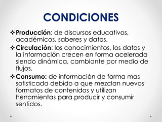 CONDICIONES
Producción: de discursos educativos,
académicos, saberes y datos.
Circulación: los conocimientos, los datos y
la información crecen en forma acelerada
siendo dinámica, cambiante por medio de
flujos.
Consumo: de información de forma mas
sofisticada debido a que mezclan nuevos
formatos de contenidos y utilizan
herramientas para producir y consumir
sentidos.
 