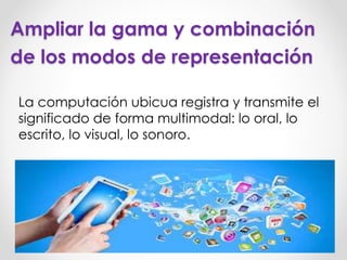 Ampliar la gama y combinación
de los modos de representación
La computación ubicua registra y transmite el
significado de forma multimodal: lo oral, lo
escrito, lo visual, lo sonoro.
 