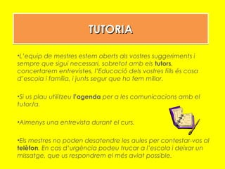 TUTORIATUTORIATUTORIATUTORIA
•L’equip de mestres estem oberts als vostres suggeriments i
sempre que sigui necessari, sobretot amb els tutors,
concertarem entrevistes, l’Educació dels vostres fills és cosa
d’escola i família, i junts segur que ho fem millor.
•Si us plau utilitzeu l’agenda per a les comunicacions amb el
tutor/a.
•Almenys una entrevista durant el curs.
•Els mestres no poden desatendre les aules per contestar-vos al
telèfon. En cas d’urgència podeu trucar a l’escola i deixar un
missatge, que us respondrem el més aviat possible.
 