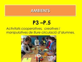 AMBIENTSAMBIENTSAMBIENTSAMBIENTS
P3 –P.5
Activitats cooperatives, creatives i
manipulatives de lliure circulació d’alumnes.
 