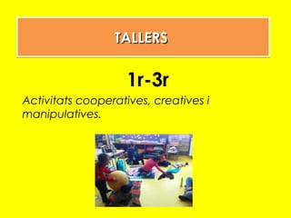 TALLERSTALLERSTALLERSTALLERS
1r-3r
Activitats cooperatives, creatives i
manipulatives.
 
