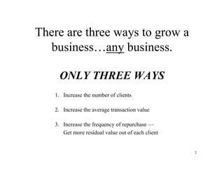 2
There are three ways to grow a
business…any business.
ONLY THREE WAYS
1. Increase the number of clients
2. Increase the ...
