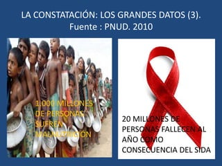 La nueva geografíaLA CONSTATACIÓN: LOS GRANDES DATOS (1). Fuente: Fondo de Naciones Unidas para Actividades en Materia de población (FNUAP). 20105.600 MILLONES DE PERSONAS (80%) VIVEN EN PAÍSES EN VÍAS DE DESARROLLO1.300 MILLONES DE PERSONAS  (20% DE LA POBLACIÓN MUNDIAL) VIVEN EN PAÍSES DESARROLLADOS