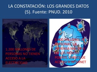 LA CONSTATACIÓN: LOS GRANDES DATOS (3). Fuente: PNUD. 20102.600 MILLONES DE PERSONAS CARECEN DE SERVICIOS DE SANEAMIENTO Y REDES DE ALCANTARILLADO 1.200 MILLONES DE  PERSONAS NO TIENE ACCESO DIRECTO AL AGUA POTABLE