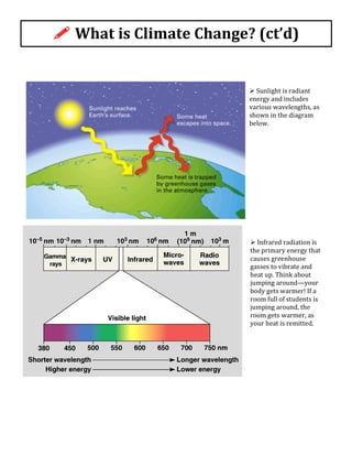 Ø	
  Sunlight	
  is	
  radiant	
  
energy	
  and	
  includes	
  
various	
  wavelengths,	
  as	
  
shown	
  in	
  the	
  diagram	
  
below.	
  
!	
  What	
  is	
  Climate	
  Change?	
  (ct’d)	
  
Ø	
  Infrared	
  radiation	
  is	
  
the	
  primary	
  energy	
  that	
  
causes	
  greenhouse	
  
gasses	
  to	
  vibrate	
  and	
  
heat	
  up.	
  Think	
  about	
  
jumping	
  around—your	
  
body	
  gets	
  warmer!	
  If	
  a	
  
room	
  full	
  of	
  students	
  is	
  
jumping	
  around,	
  the	
  
room	
  gets	
  warmer,	
  as	
  
your	
  heat	
  is	
  remitted.	
  
 