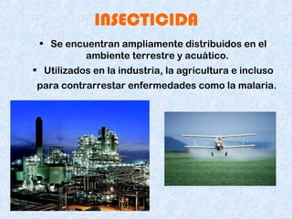 INSECTICIDA
• Se encuentran ampliamente distribuidos en el
ambiente terrestre y acuático.
• Utilizados en la industria, la agricultura e incluso
para contrarrestar enfermedades como la malaria.
 