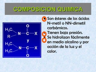 COMPOSICION QUIMICACOMPOSICION QUIMICA
• Son ésteres de los ácidos
N-metil o NN-dimetil
carbámicos.
• Tienen baja presión.
• Se hidrolizan fácilmente
en medio alcalino y por
acción de la luz y el
calor.
 