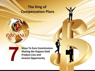 The King of
    Compensation Plans




    Ways To Earn Commissions



7   Sharing the Organo Gold
    Product Line and
    Income Opportunity
 