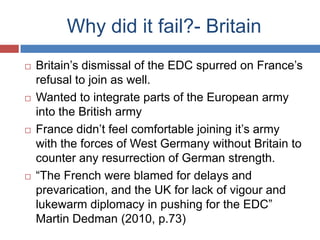 Why did it fail?- Britain
   Britain’s dismissal of the EDC spurred on France’s
    refusal to join as well.
   Wanted to integrate parts of the European army
    into the British army
   France didn’t feel comfortable joining it’s army
    with the forces of West Germany without Britain to
    counter any resurrection of German strength.
   “The French were blamed for delays and
    prevarication, and the UK for lack of vigour and
    lukewarm diplomacy in pushing for the EDC”
    Martin Dedman (2010, p.73)
 