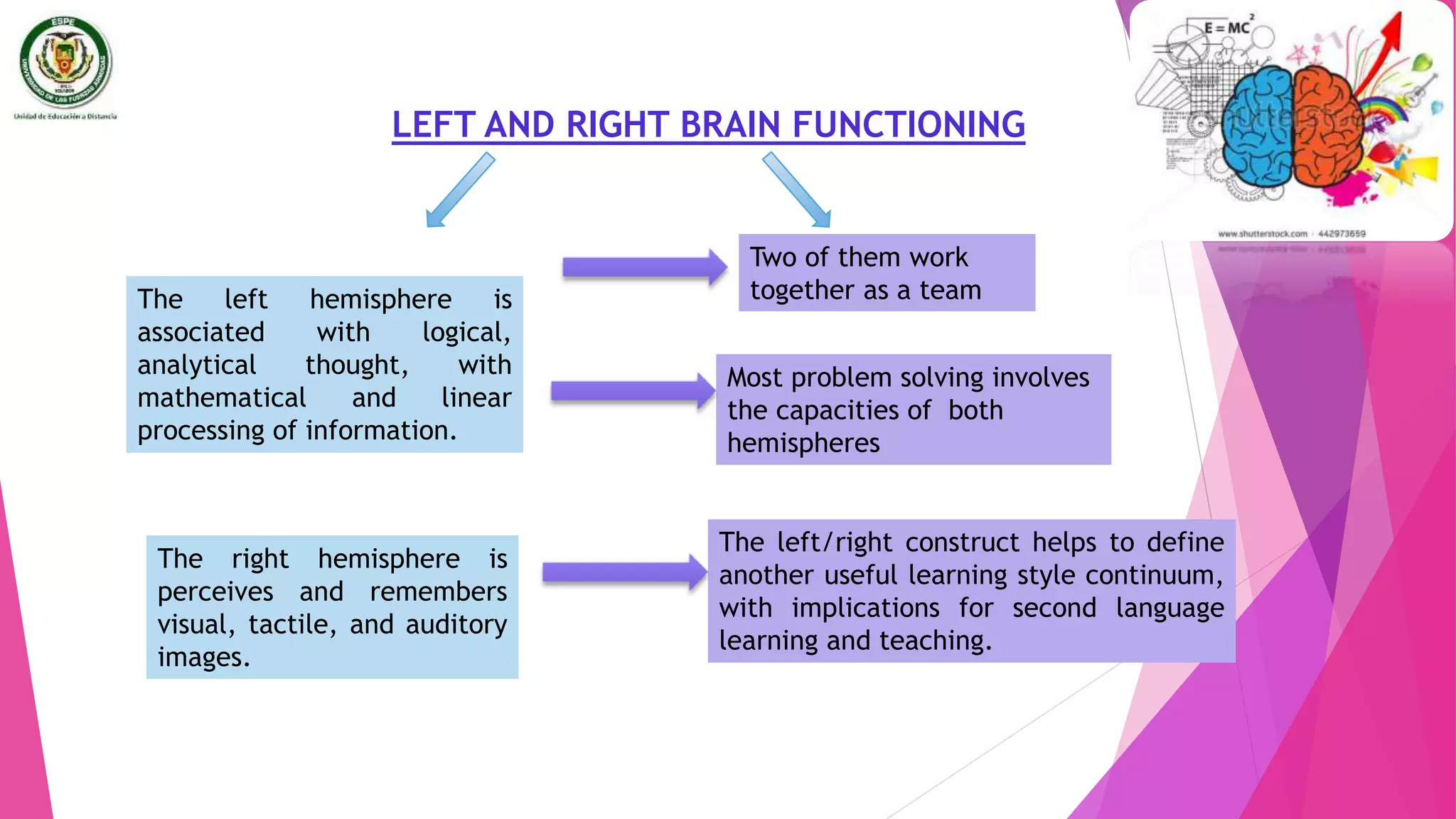 LEFT AND RIGHT BRAIN FUNCTIONING
The left hemisphere is
associated with logical,
analytical thought, with
mathematical and linear
processing of information.
The right hemisphere is
perceives and remembers
visual, tactile, and auditory
images.
Two of them work
together as a team
Most problem solving involves
the capacities of both
hemispheres
The left/right construct helps to define
another useful learning style continuum,
with implications for second language
learning and teaching.
 