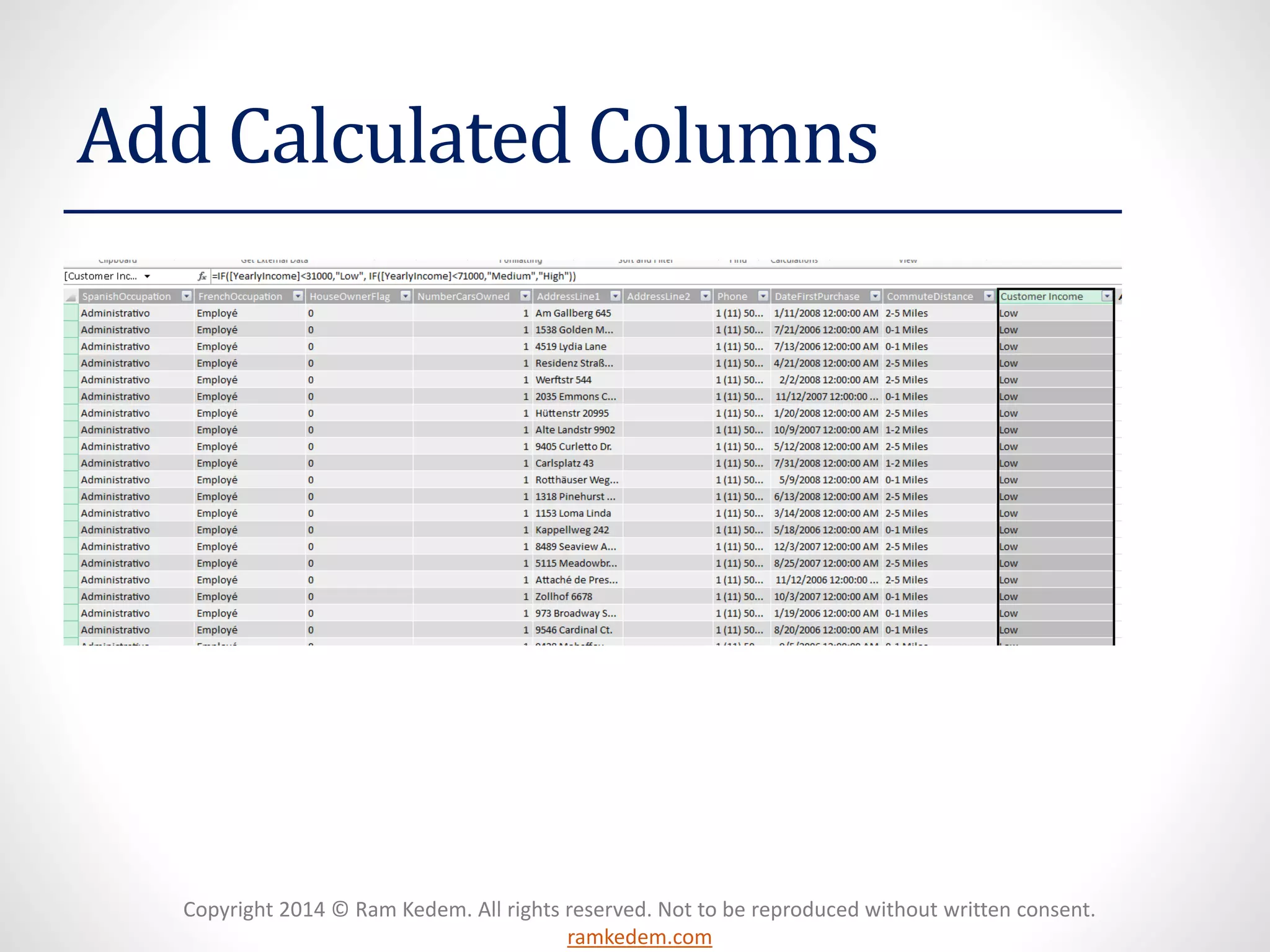 Copyright 2014 © Ram Kedem. All rights reserved. Not to be reproduced without written consent.
ramkedem.com
Add Calculated Columns
 