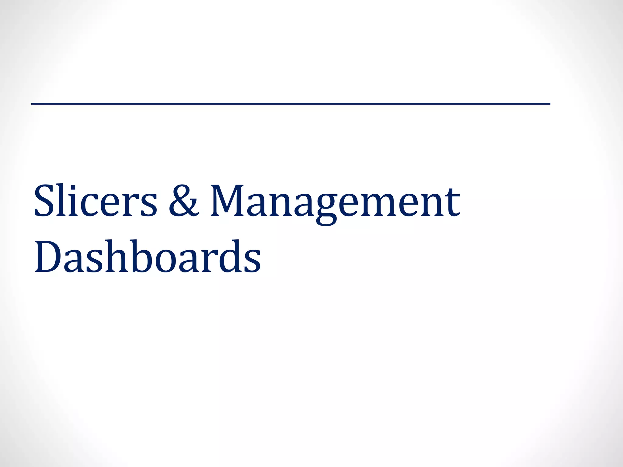 Slicers & Management
Dashboards
 