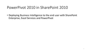 PowerPivot 2010 in SharePoint 2010 
• Deploying Business Intelligence to the end user with SharePoint 
Enterprise, Excel Services and PowerPivot 
1 
 
