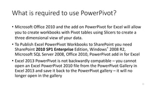 What is required to use PowerPivot? 
• Microsoft Office 2010 and the add on PowerPivot for Excel will allow 
you to create workbooks with Pivot tables using Slicers to create a 
three dimensional view of your data. 
• To Publish Excel PowerPivot Workbooks to SharePoint you need 
SharePoint 2010 SP1 Enterprise Edition, Windows® 2008 R2, 
Microsoft SQL Server 2008, Office 2010, PowerPivot add in for Excel 
• Excel 2013 PowerPivot is not backwardly compatible – you cannot 
open an Excel PowerPivot 2010 file from the PowerPivot Gallery in 
Excel 2013 and save it back to the PowerPivot gallery – it will no 
longer open in the gallery 
12 
 