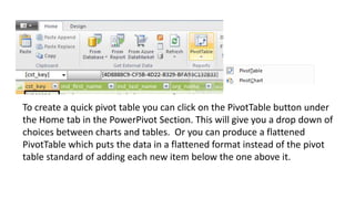 To create a quick pivot table you can click on the PivotTable button under 
the Home tab in the PowerPivot Section. This will give you a drop down of 
choices between charts and tables. Or you can produce a flattened 
PivotTable which puts the data in a flattened format instead of the pivot 
table standard of adding each new item below the one above it. 
 