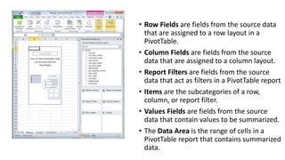 • Row Fields are fields from the source data 
that are assigned to a row layout in a 
PivotTable. 
• Column Fields are fields from the source 
data that are assigned to a column layout. 
• Report Filters are fields from the source 
data that act as filters in a PivotTable report 
• Items are the subcategories of a row, 
column, or report filter. 
• Values Fields are fields from the source 
data that contain values to be summarized. 
• The Data Area is the range of cells in a 
PivotTable report that contains summarized 
data. 
 