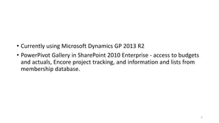 • Currently using Microsoft Dynamics GP 2013 R2 
• PowerPivot Gallery in SharePoint 2010 Enterprise - access to budgets 
and actuals, Encore project tracking, and information and lists from 
membership database. 
4 
 